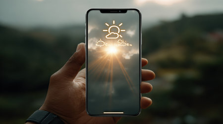 A hand holds a smartphone showing a weather forecast featuring sun and clouds as the sun sets over a scenic landscape in the background.の素材