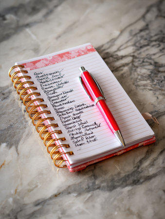 A neatly handwritten grocery list rests next to a shiny pen on a marble countertop, capturing the essence of planning a meal at home.の素材
