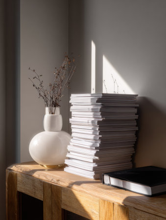 Bright sunlight casts shadows over a neat stack of notebooks placed on a rustic wooden table alongside a vase holding delicate dried flowers.の素材