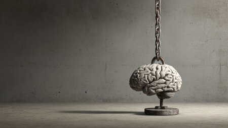 A brain sculpture hangs from a chain in an industrial space, highlighting themes of mental weight and the complexity of thoughts.の素材
