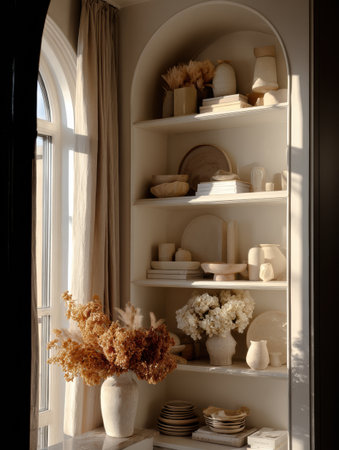 Aesthetic arrangement of sculptural pottery and dried flowers occupies shelves bathed in warm afternoon light, showcasing modern minimalism in home decor.の素材
