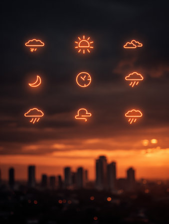 Digital weather icons display various conditions, including rain, sun, and clouds, set against a striking sunset over a city skyline.の素材