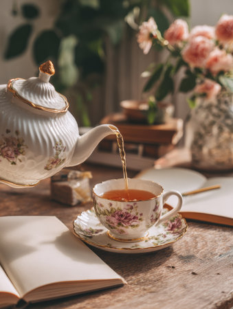 A teapot pours warm tea into a floral cup on a rustic wooden table, surrounded by open notebooks and a vase of fresh flowers in soft sunlight.の素材