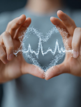 Hands form a heart shape, surrounded by a graphic pulse line, illustrating the connection between health, technology, and human emotions in modern life.の素材