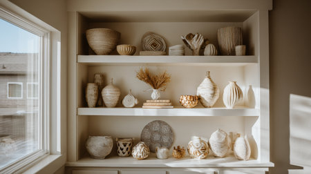 Stylish shelves display decorative vases and sculptures, bathed in soft natural light from a nearby window.の素材