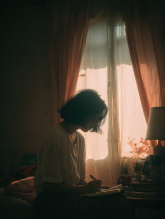 A woman sits at her desk, writing in a notebook as warm light filters through the curtains in the late evening, creating a serene atmosphere.の素材