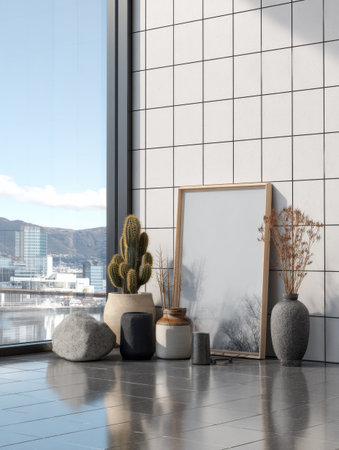 Modern room with a minimalist design showing a cactus and decorative plants alongside a large mirror, offering a glimpse of the city skyline.の素材