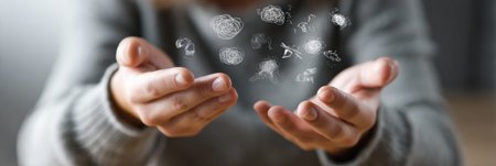 Hands extend forward as translucent abstract shapes float nearby, illustrating a blend of creativity and expression in a thoughtful environment.の素材