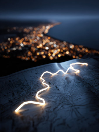 Glowing lines on a map illustrate a winding road, contrasting against twinkling city lights by the ocean under a night sky.の素材