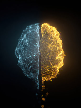 Human brain depicted in two halves showcasing a blend of logic and creativity with dynamic colors and intricate designs, symbolizing cognitive duality.の素材
