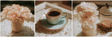 Soft petals of pale flowers accompanied by a cup of coffee create a serene setting ideal for relaxation on a quiet afternoon.の素材