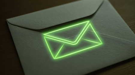 A glowing green envelope outline sits on a wooden table, blending traditional and digital communication in a calm evening atmosphere.の素材