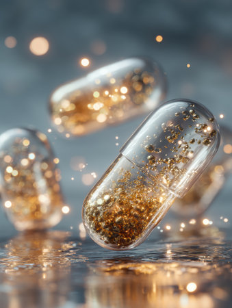 Capsules filled with golden particles levitate above a reflective surface, sparkling softly in a blurred background, evoking a sense of wonder and curiosity.の素材