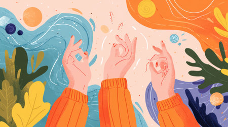 Hands positioned in various gestures surrounded by vibrant colors and abstract shapes, depicting a lively and artistic expression of creativity.の素材