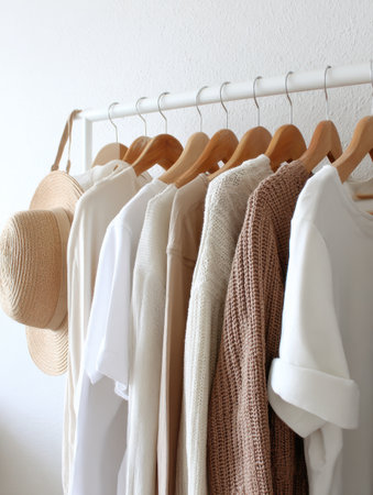 A collection of neutral-toned clothing is neatly hung on a rack, complemented by a straw hat, showing a stylish and casual aesthetic in a bright room.の素材