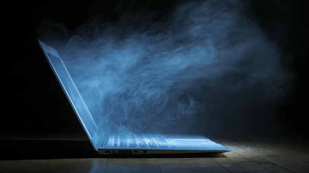 Smoke bills from an open laptop in a dim room, signaling possible overheating or hardware failure needing immediate attention.の素材