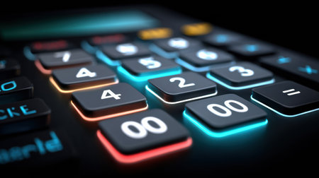 A detailed view of a digital calculator highlighting its illuminated buttons and numeric display, showing a blend of technology and functionality.の素材