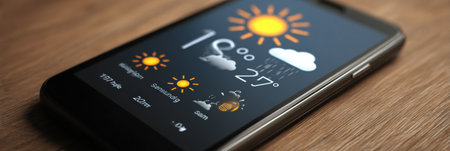 Smartphone screen shows detailed weather forecast with temperatures and icons for sun and clouds, set on a wooden table in a warm indoor environment.の素材