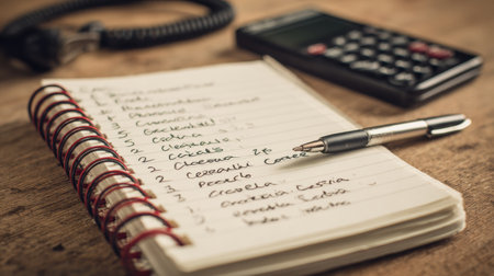 A grocery list is written in a notebook next to a calculator and a pen, placed on a rustic wooden table in a warm kitchen atmosphere.の素材
