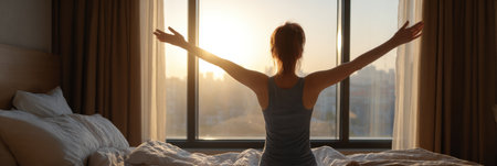 A person stretches with arms open wide to the warm sunlight pouring through a large window in a cozy bedroom during early morning hours.の素材