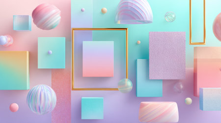 Colorful geometric shapes in pastel hues are artistically arranged against a gradient backdrop, showcasing soft curves and sharp edges in harmony.の素材
