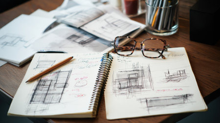 Architectural sketches, notes, and design ideas are spread across a wooden workspace accompanied by glasses and stationery in a creative setting.の素材