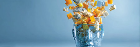 Colorful book pages burst from a transparent glass head, symbolizing an explosion of knowledge and imagination in a surreal artistic conceptの素材