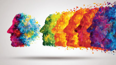 Abstract artwork showcases vibrant human profiles made of geometric shapes, symbolizing diversity and creativity in contemporary culture.の素材