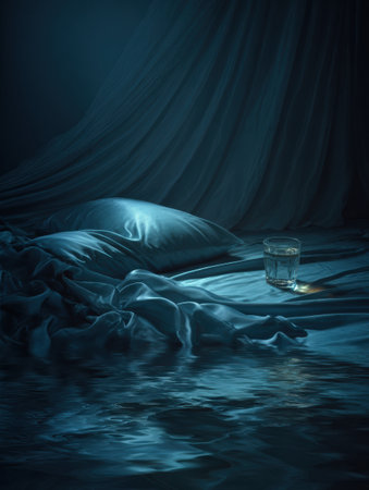 Soft blue bedding, a glass of water on a bedside table, and gentle reflections create a calming ambiance, perfect for relaxation during the night.の素材