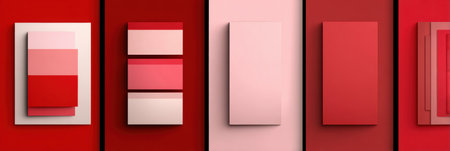 A display features an array of red and pink rectangular panels arranged to create a striking visual effect, emphasizing modern design and color interplay.の素材