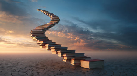A surreal staircase constructed from books winds upward into a colorful sky at dusk, highlighting the blend of imagination and knowledge.の素材