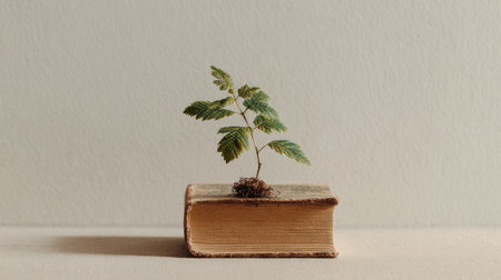 A small green plant emerges from the pages of an old book placed on a simple surface, symbolizing the connection between nature and knowledge.の素材