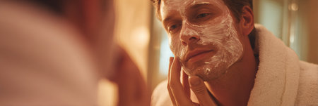 In a cozy bathroom, a man applies a facial mask while examining his reflection in the mirror, highlighting his evening self-care routine.の素材