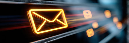 An illuminated orange email symbol stands out on a modern digital interface, surrounded by other notification icons at night, creating a vibrant visual effect.の素材