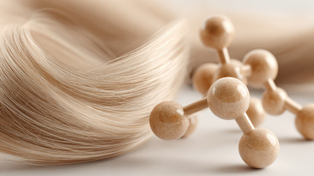 A close-up view displays strands of light blonde hair next to wooden molecular models, highlighting the intricate beauty of hair anatomy under soft lighting.の素材