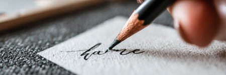 Delicate lettering shows the word home being crafted with precision on textured paper, emphasizing creativity in a warm workspace filled with inspiration.の素材