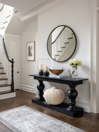 Stylish entry featuring a black console table adorned with candles and flowers, complemented by a round mirror and wooden accents.の素材