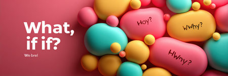 Colorful abstract shapes in bright hues with thought-provoking phrases create an engaging visual experience on a vivid pink backdrop.の素材