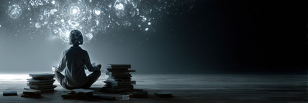 A person sits cross-legged among stacks of books, meditating in a tranquil space. Above, cosmic symbols and patterns illuminate the dark surroundings.の素材