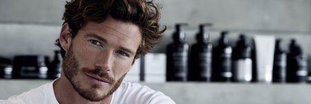 A male model showcases a relaxed attitude while standing in a contemporary grooming space filled with neatly arranged skincare products on shelves behind himの素材