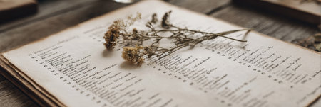 A rustic wooden table features a charming menu adorned with dry flowers, creating a cozy atmosphere perfect for a delightful dining experience.の素材