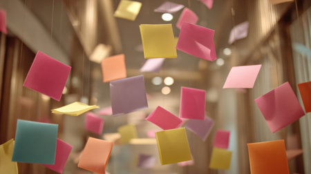 Brightly colored sticky notes hang mid-air in a contemporary office hallway, creating a cheerful and dynamic atmosphere during daytime.の素材