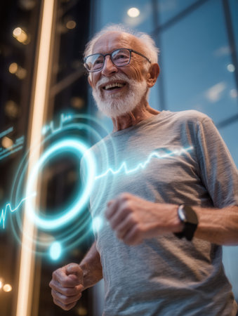 An elderly man with a beard happily jogs in an urban setting at night, surrounded by sleek glass architecture, illuminated by colorful lightsの素材