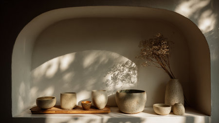 Ceramic pieces on a wooden shelf bask in soft natural light and gentle shadows, creating a serene and tranquil ambiance.の素材