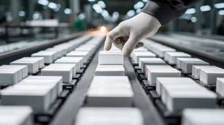 A worker in gloves selects a white box from a conveyor belt in a bustling factory during the afternoon shift, ensuring efficient production.の素材