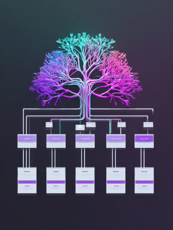Colorful data tree structure displays connections between various categories, showing an organized presentation of information and relationships.の素材
