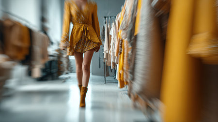 A stylish woman strolls through a boutique, showcasing her fashionable outfit while surrounded by vibrant yellow dresses hanging nearby.の素材