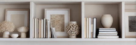 A well-organized shelf displays an appealing arrangement of neutral art pieces, ceramic vases, and books, creating a serene and stylish atmosphere.の素材