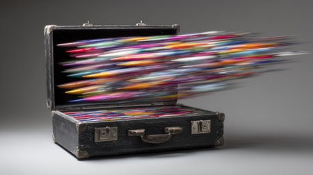 A black briefcase opens wide and colorful pens seem to burst out in a dynamic motion, creating a lively and energetic display of colors.の素材
