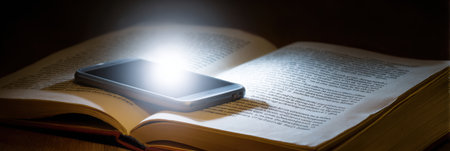 A smartphone emits a soft glow while lying on an open book, creating a contrast between modern technology and traditional reading in a cozy space.の素材